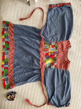Vintage 70s Girls Holly Hobbie Style Patchwork/Chambray Peasant Blouse - Size 12